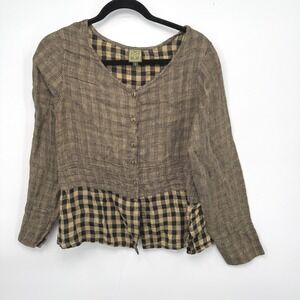 Maiwa Linen Plaid Button Front Shirt Wmoens S Lagenlook Indie Boho